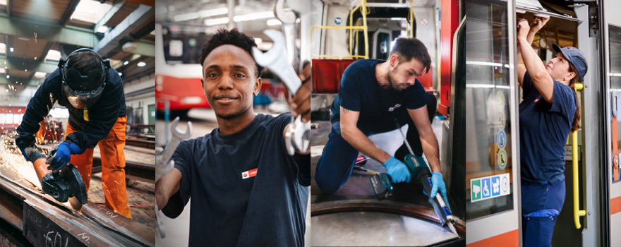 Vier Personen die an einer U-Bahn arbeiten